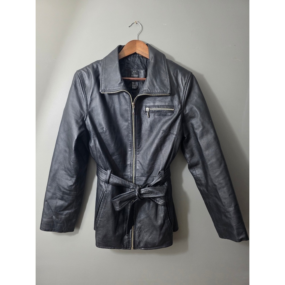 Massini Collection Black Genuine Leather Belted Zip Jacket Womens Medium MC-201